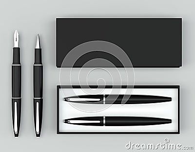 Writing set. Ball pen and ink pen with a box on a bright backgro Stock Photo