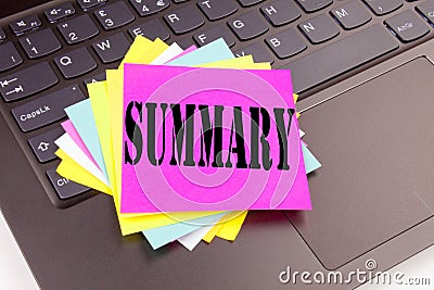 Writing Summary text made in the office close-up on laptop computer keyboard. Business concept for Brief Review Business Overview Stock Photo