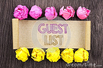 Writing text Guest List. Concept meaning Planning Wedding Or Event Important Guests Lists written on sticky note paper with folde Stock Photo