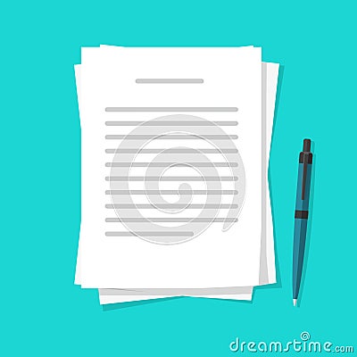 Writing text letter content on paper document sheets via pen vector flat cartoon illustration, idea of book or essay Vector Illustration