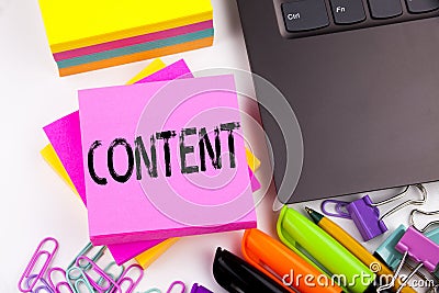 Writing text showing Content made in the office with surroundings such as laptop, marker, pen. Business concept for Stock Photo