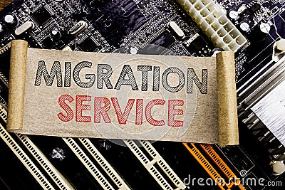 Writing text showing Migration Service. Business concept for Online Network Idea Written on sticky note, computer main board backg Stock Photo