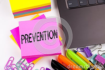 Writing text showing Prevention made in the office with surroundings such as laptop, marker, pen. Business concept for Business Me Stock Photo