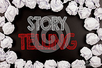 Writing text showing Storytelling. Business concept for Teller Story Message written on black background with copy space on old ba Stock Photo