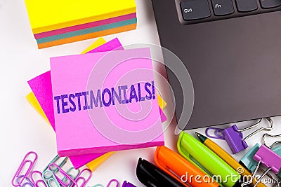 Writing text showing Testimonials made in the office with surroundings such as laptop, marker, pen. Business concept for Consumer Stock Photo