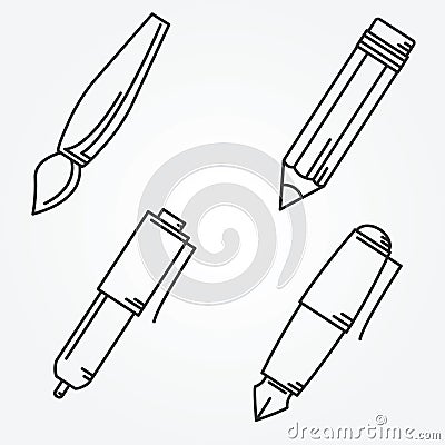 Writing tools. Pencil, pen, fountain pen, brush, ballpoint. Vector Illustration