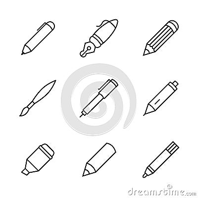Writing tools. Pencil, pen, fountain pen, brush, marker, crayon, ballpoint thin line vector icons. Vector Illustration