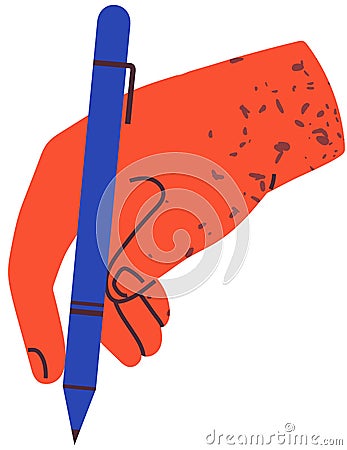 Writing utensil with ink mark on paper. Human hand holding ballpoint pen to write on surface Vector Illustration