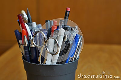 Writing utensils in the business environment with ball pens, highlighters and pens Stock Photo