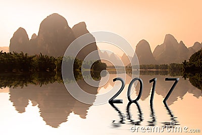 2017 written in chinese landscape at sunset, asian 2017 new year concept Stock Photo