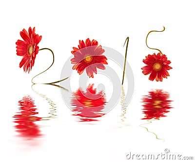 2015, written with red gerberas flower stems Stock Photo