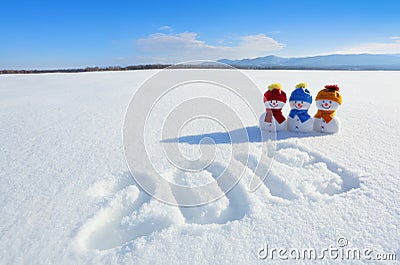 2019 written on the snow. Smiling snowman with hats and scarfs are standing on the field with snow. Landscape with mountains. Stock Photo