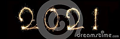 2021 written with sparkle firework new year panoramic web banner Stock Photo