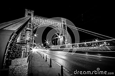 Wroclaw Bridge at night, train Stock Photo