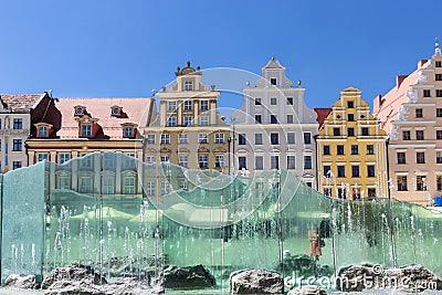 Wroclaw old market square with modern fountain. Stock Photo