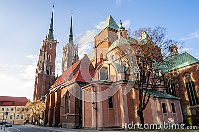 Gothic cathedral of St. John the Baptist Katedra Å›w. Jana Chrzciciela in Ostrow Tumski Editorial Stock Photo