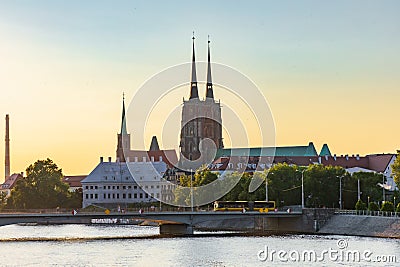 Beautiful and colorful cityscape of old city and promenade in Wroclaw city over the Odra river at Editorial Stock Photo