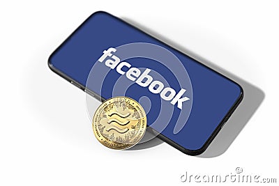 WROCLAW, POLAND - JUNE 19th, 2019: Facebook announces Libra cryptocurrency. Libra coin concept isolated on white background. - Editorial Stock Photo