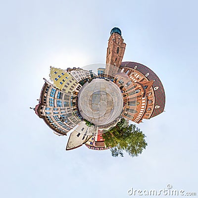 WROCLAW, POLAND - OCTOBER 2018: Little planet. Spherical aerial 360 panorama view on street ancient medieval city Wroclaw, Poland Editorial Stock Photo