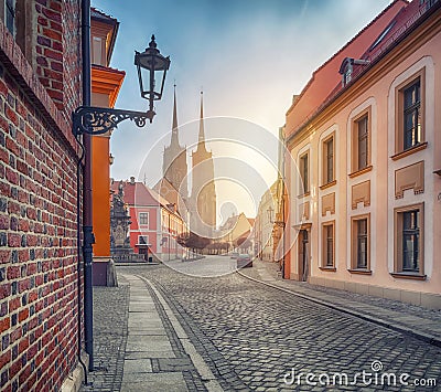 Wroclaw, Poland. Pedestrian street on Ostrow Tumski Stock Photo