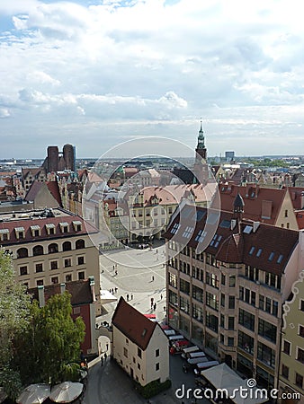 Wroclaw skyline with beautiful colorful historical houses of the Old Town, aerial view from the viewing terrace Editorial Stock Photo