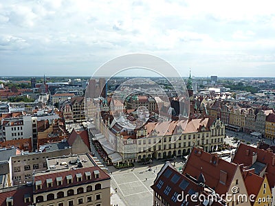 Wroclaw skyline with beautiful colorful historical houses of the Old Town, aerial view from the viewing terrace Editorial Stock Photo