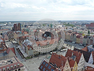 Wroclaw skyline with beautiful colorful historical houses of the Old Town, aerial view from the viewing terrace Editorial Stock Photo