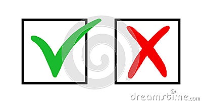 Wrong green and right red color mark. Icon check yes and x isolated on white background. Wrong or right checkmark. Symbol correct Vector Illustration