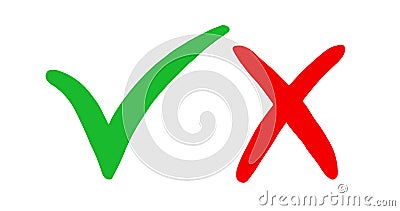 Wrong and right. Icon check mark yes and x. Red and green color sign isolated on white background. Wrong or right checkmark. Symbo Vector Illustration