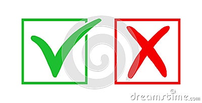 Wrong and right. Icon check mark yes and x. Red and green color sign isolated on white background. Wrong or right checkmark. Symbo Vector Illustration