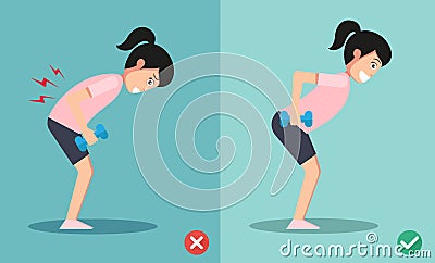 Wrong and right lifting weight posture Vector Illustration