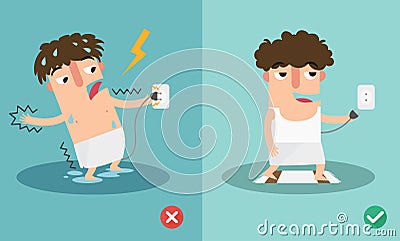 Wrong and right for safety electric shock risk. Vector Illustration