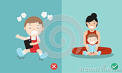 Wrong and right way for kids stop using smartphone Vector Illustration