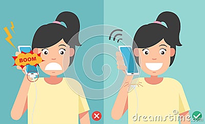 Wrong and right ways.Do not phone call in charging battery Vector Illustration