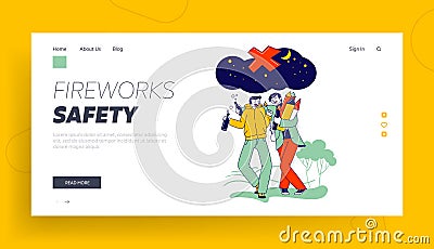Wrong Way to Burn Firework Landing Page Template. Drunk Male Characters Wearing Winter Burning Wick from Fireworks Vector Illustration