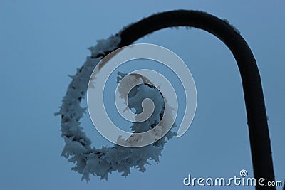 Wrought iron element covered with hoarfrost in frosty weather Stock Photo