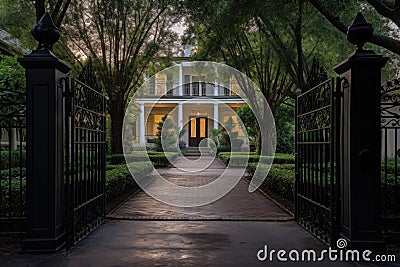 wrought iron gate entrance to central courtyard Stock Photo