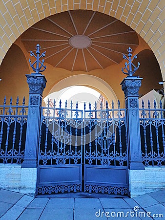 Wrought iron gate with patterns Stock Photo