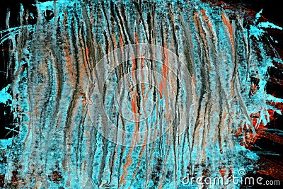 Wstercolor turquoise and red textural background with gray and paint lines paint drips on black background Stock Photo