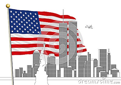 WTC, World Trade Center and the New York Skyline with IS flag Cartoon Illustration