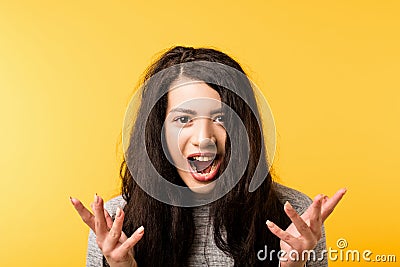 Wtf angry woman screaming gesturing irritation Stock Photo