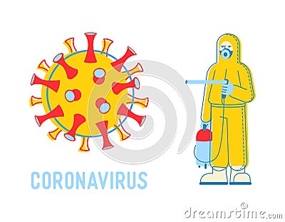 Wuhan Novel Coronavirus, 2019 ncov, Woman or Man in Protective Suit with Blue Medical Face Mask Holding Sprayer Vector Illustration