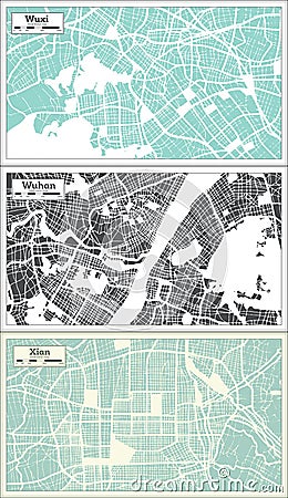 Wuhan, Xian and Wuxi China City Maps Set in Retro Style Stock Photo