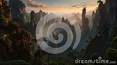 Wulingyuan Scenic Area China at sunset - made with Generative AI tools Stock Photo