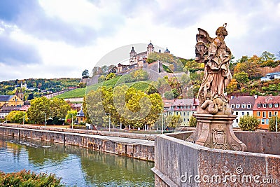 Wurzburg. Main river waterfront and scenic Wurzburg castle and vineyards reflection view Stock Photo