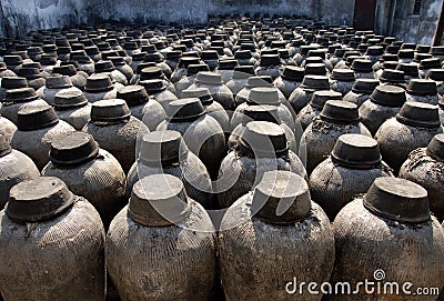 Jars used for fermenting rice wine in Wuzhen, China Stock Photo