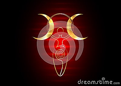 Gold spiral goddess of fertility and triple moon Wiccan. The spiral cycle of life, death and rebirth. Golden Woman Wicca mother Vector Illustration