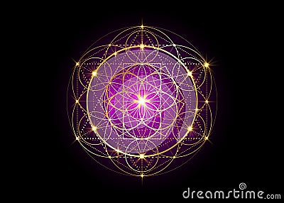 Seed of life symbol Sacred Geometry. Geometric mystic mandala of alchemy esoteric Flower of Life. Gold luxury design, vector Vector Illustration