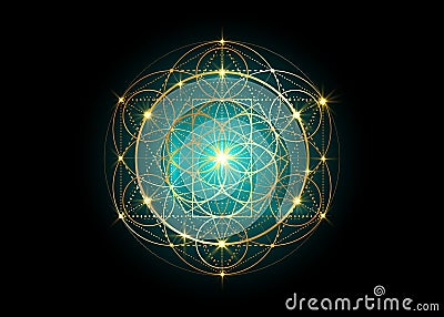 Seed of life symbol Sacred Geometry. Geometric mystic mandala of alchemy esoteric Flower of Life. Gold luxury design, vector Vector Illustration