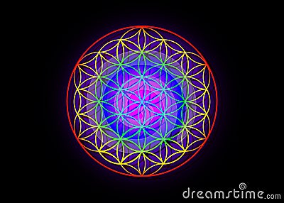 Flower of Life, Yantra Mandala, Metatron cube, Sacred Geometry. Bright glowing spectrum psychedelic colored symbol of harmony Vector Illustration